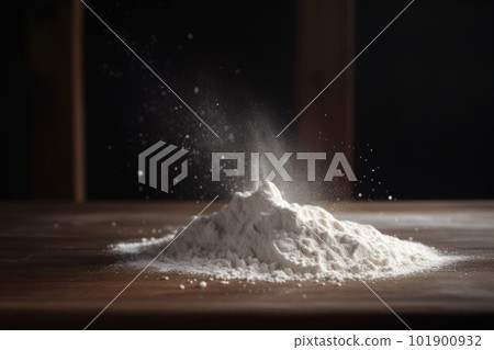 Flour powder on wood table. Snow food. Generate Ai 101900932