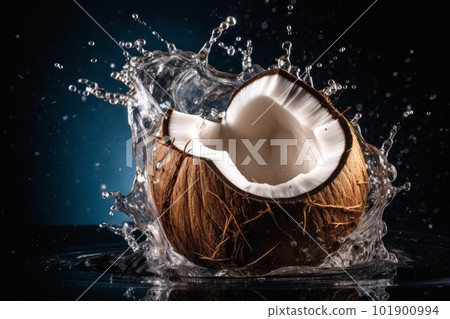 Cracked water coconut. Fruit liquid. Generate Ai Cracked water coconut. Fruit liquid. Generate Ai 101900994