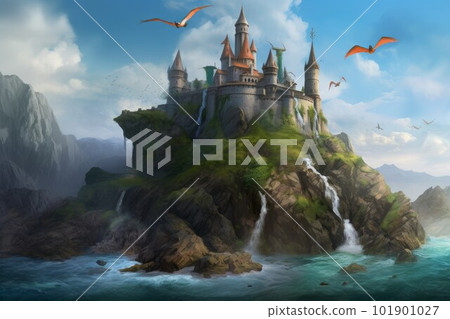 Castle grassy mountain. Sky sea hill. Generate Ai 101901027
