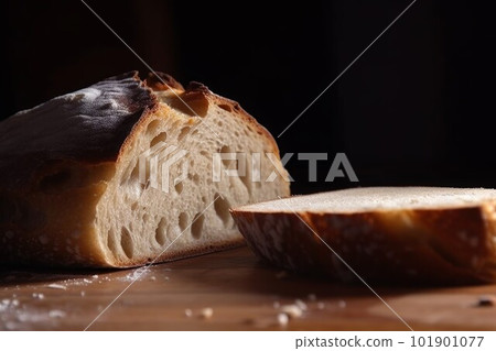 Cutted bread on table. Tasty loaf. Generate Ai Cutted bread on table. Tasty loaf. Generate Ai 101901077