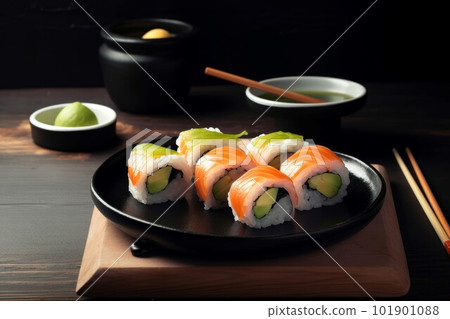 Red fish sushi rolls. On black plate. Generate Ai 101901088