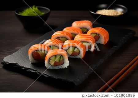 Black plate sushi rolls. Rice asian. Generate Ai Black plate sushi rolls. Rice asian. Generate Ai 101901089