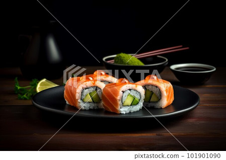Black plate rolls. Asian food. Generate Ai 101901090