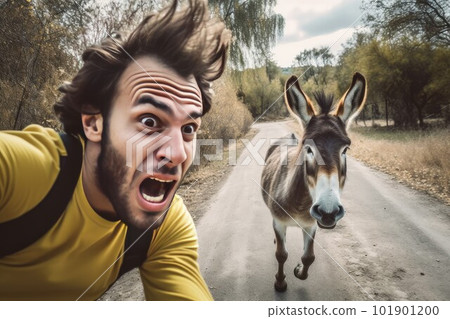 Surprised man selfie with donkey. Modern blog. Fictional person. Generate Ai Surprised man selfie with donkey. Modern blog. Fictional person. Generate Ai 101901200
