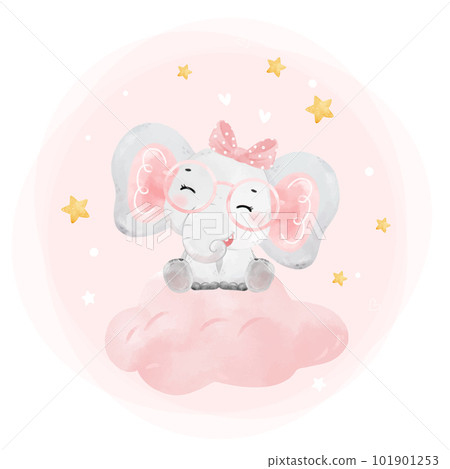 cute happy cheerful smile baby pink elephant girl sitting on pink cloud, adorable nursery birthday wildlife animal watercolur cartoon illustration 101901253