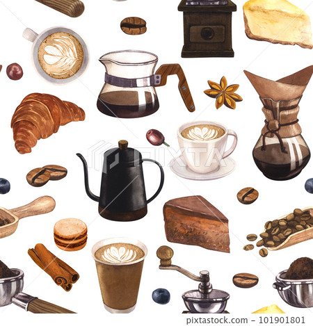 Watercolor seamless pattern coffee and dessert. Colorful detailed, with lots of objects. Hand-drawn illustration isolated on white background. Perfect food menu, concept for cafe, restaurant element 101901801