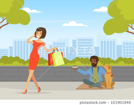 Homeless Man in Rags Sitting in the Street with Dog Begging Money from Bypasser Vector Illustration 101901840