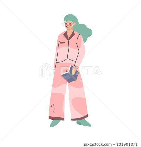 Beautiful young woman in comfy home clothes. Girl in cozy outfit or nightwear standing with book cartoon vector illustration Beautiful young woman in comfy home clothes. Girl in cozy outfit or nightwear standing with book cartoon vector illustration 101901871