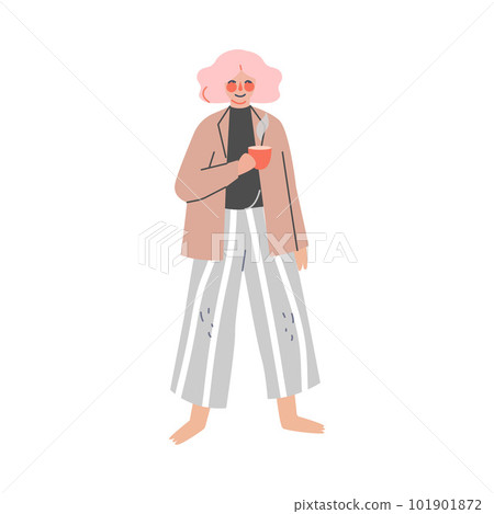 Beautiful woman in trendy comfy home clothes. Girl in cozy outfit standing with cup of tea cartoon vector illustration Beautiful woman in trendy comfy home clothes. Girl in cozy outfit standing with cup of tea cartoon vector illustration 101901872