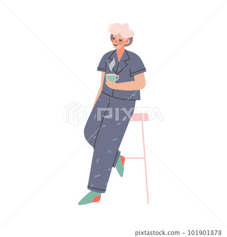 Person in trendy comfy home clothes. Guy in cozy outfit sitting on chair with cup of tea cartoon vector illustration Person in trendy comfy home clothes. Guy in cozy outfit sitting on chair with cup of tea cartoon vector illustration 101901878