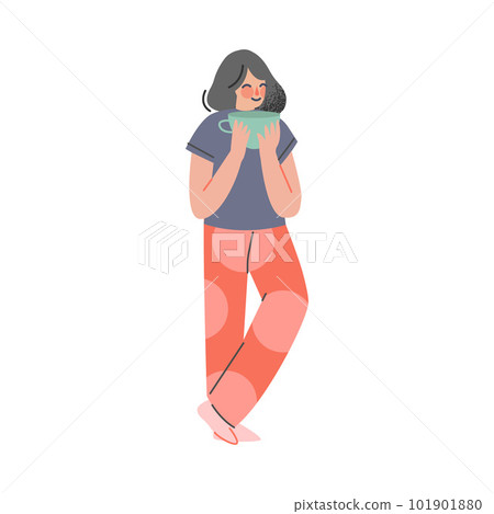 Woman in comfy home clothes holding huge cup of tea. Girl in cozy outfit or pajamas cartoon vector illustration Woman in comfy home clothes holding huge cup of tea. Girl in cozy outfit or pajamas cartoon vector illustration 101901880