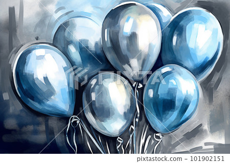 Watercolor hand drawn illustration of a bunch of blue balloons on a dark background. Generative AI 101902151