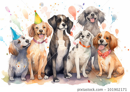 Watercolor illustration of a group of dogs with birthday hats on a white background. Generative AI 101902171