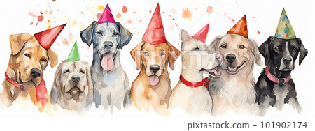 Cute dogs with birthday hats and confetti. Watercolor illustration. Generative AI 101902174