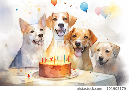 Watercolor illustration of a group of dogs and a birthday cake with candles Generative AI 101902179