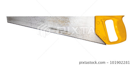 used steel saw with yellow plastic handle isolated used steel saw with yellow plastic handle isolated 101902281