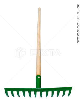 front view of steel rake with tines down with pole 101902285