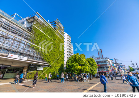 Tokyo cityscape in Japan Summer day. Overlooking Tokyu Railway Ookayama Station and the station building, which is attached to Tokyu Hospital 101902429