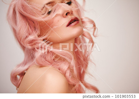 Soft-Girl Style with Trend Pink Flying Hair, Fashion Make-up. Blond Woman Face with Freckles, Blush Rouge, Rose Flowers Soft-Girl Style with Trend Pink Flying Hair, Fashion Make-up. Blond Woman Face with Freckles, Blush Rouge, Rose Flowers 101903553