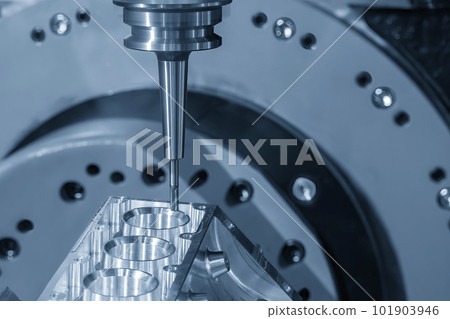 Close up scene the 5-axis machining center cutting the V8 engine cylinder block with solid ball end mill tool. 101903946