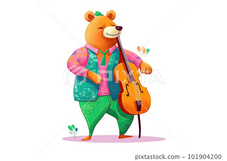 Dressed funny bear playing contrabass and smiling, isolated on a white background, illustration Dressed funny bear playing contrabass and smiling, isolated on a white background, illustration 101904200