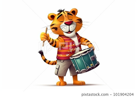 Full dressed tiger in colorful dress playing drum and smiling isolated on a white background Full dressed tiger in colorful dress playing drum and smiling isolated on a white background 101904204