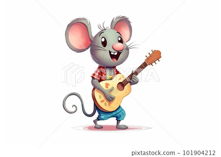 Mouse playing guitar and smiling with copy space on a white background isolated 101904212