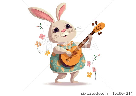 White rabbit girl playing banjo on a white background isolated 101904214