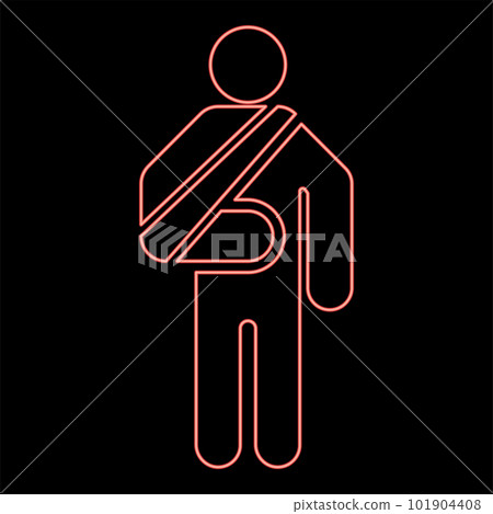 Neon man with broken arm hand gypsum injured stick using sticks person trauma concept elastic bandage on human immobilize support bone sling cast fracture trauma red color vector illustration image 101904408