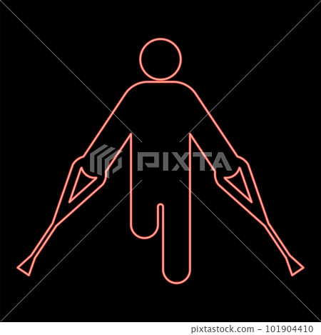 Neon man with broken leg crutch cane gypsum foot stick using sticks person crutches trauma concept red color vector illustration image flat style 101904410