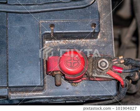 Red positive terminal with car battery wires. Red positive terminal with car battery wires. 101904827