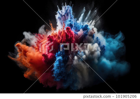 Freeze motion of colored powder explodes on black background. Abstract colorful explosion 101905206