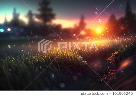 Grass filled with dew on a sunrise morning. Neural network AI generated art Grass filled with dew on a sunrise morning. Neural network AI generated art 101905240