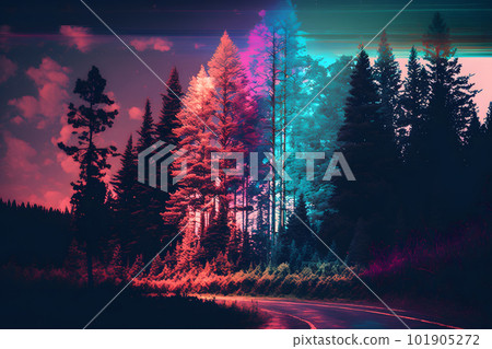 Beautiful winter forest at night and northern lights. Neural network AI generated art Beautiful winter forest at night and northern lights. Neural network AI generated art 101905272