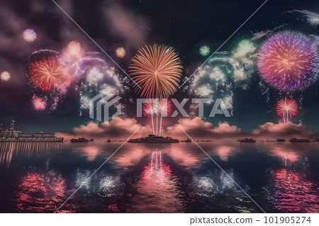 Beautiful colorful holiday fireworks in the evening sky with majestic clouds, long exposure. Neural network AI generated art Beautiful colorful holiday fireworks in the evening sky with majestic clouds, long exposure. Neural network AI generated art 101905274