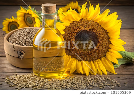 Rural still life sunflower oil in bottle with flowers of sunflower Helianthus annuus in dark light. Neural network AI generated art 101905309