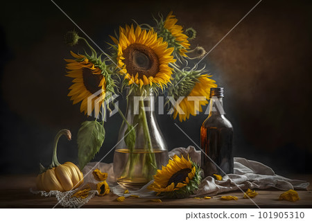 Rural still life sunflower oil in bottle with flowers of sunflower Helianthus annuus in dark light. Neural network AI generated art 101905310