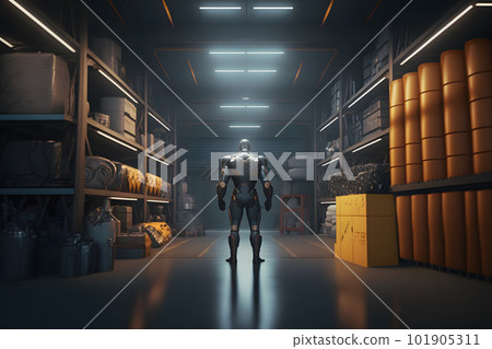 Innovative industry robot working in warehouse for human labor replacement. Neural network AI generated art 101905311