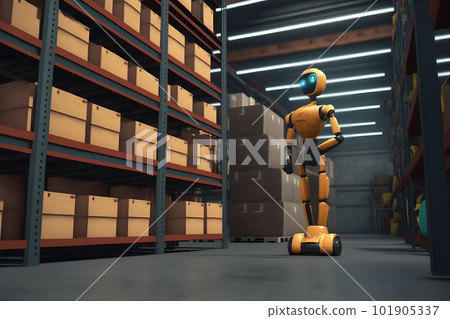 Innovative industry robot working in warehouse for human labor replacement . Concept of artificial intelligence for industrial revolution. Neural network AI generated art Innovative industry robot working in warehouse for human labor replacement . Concept of artificial intelligence for industrial revolution. Neural network AI generated art 101905337