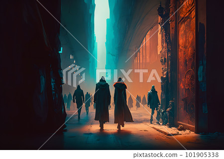 Crowd of people in neon night city. Neural network AI generated art Crowd of people in neon night city. Neural network AI generated art 101905338