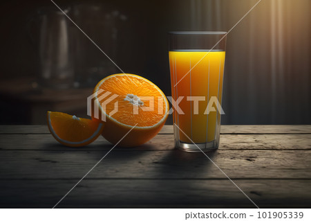 Glass of fresh orange juice with fresh fruits on wooden table. Neural network AI generated art Glass of fresh orange juice with fresh fruits on wooden table. Neural network AI generated art 101905339