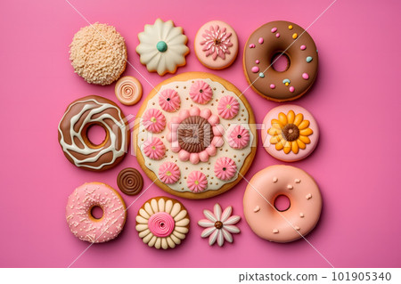 assorted donuts with chocolate frosted, pink glazed and sprinkles donuts. Neural network AI generated art assorted donuts with chocolate frosted, pink glazed and sprinkles donuts. Neural network AI generated art 101905340
