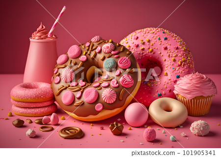 assorted donuts with chocolate frosted, pink glazed and sprinkles donuts. Neural network AI generated art assorted donuts with chocolate frosted, pink glazed and sprinkles donuts. Neural network AI generated art 101905341