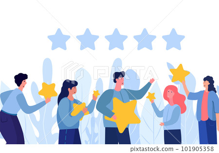 The people characters giving five star feedback represent the importance of customer satisfaction and the role it plays in the success of a business. Reviews stars with good and bad rate. Vector The people characters giving five star feedback represent the importance of customer satisfaction and the role it plays in the success of a business. Reviews stars with good and bad rate. Vector 101905358
