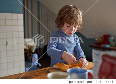 A little boy works in the kitchen, he cuts a pumpkin 101905771