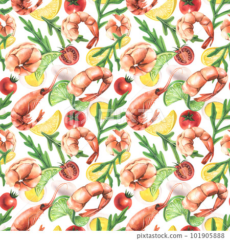 Various boiled shrimp with arugula, lemon, lime, cherry tomatoes, eggs. Watercolor illustration. Seamless pattern on a white background from the Shrimp collection. For the design and design Various boiled shrimp with arugula, lemon, lime, cherry tomatoes, eggs. Watercolor illustration. Seamless pattern on a white background from the Shrimp collection. For the design and design 101905888