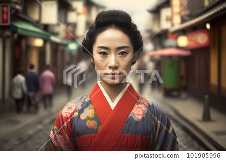 Portrait of a Japanese woman in national clothes. Neural network AI generated art Portrait of a Japanese woman in national clothes. Neural network AI generated art 101905996