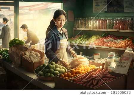 Beautiful Asian woman sells vegetables. Neural network AI generated art Beautiful Asian woman sells vegetables. Neural network AI generated art 101906023
