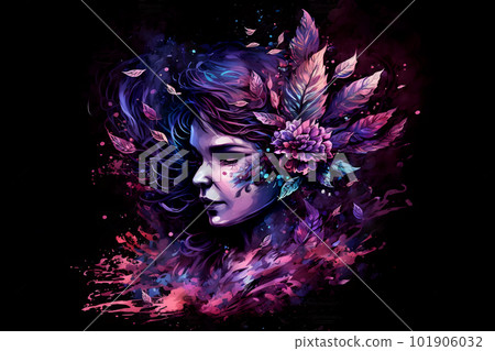 Spring Woman. Beauty Summer model girl with colorful flowers wreath and colorful hair. Flowers Hair Style. Neural network AI generated art 101906032