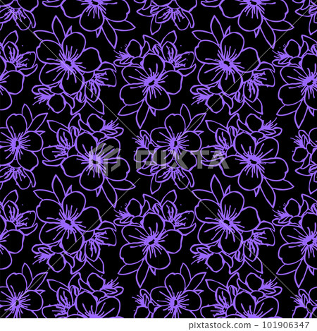 seamless pattern of blue contours of flowers on a black background, texture, design 101906347